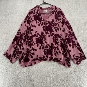 Cacique Burnout Velvet Top Womens 22/24 Burgundy Floral Sheer Blouse Whimsigoth